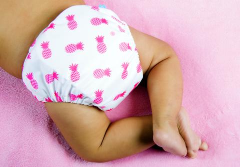 Crawling baby in Hot Pink Pineapple Charlie Banana Reusable Cloth diaper